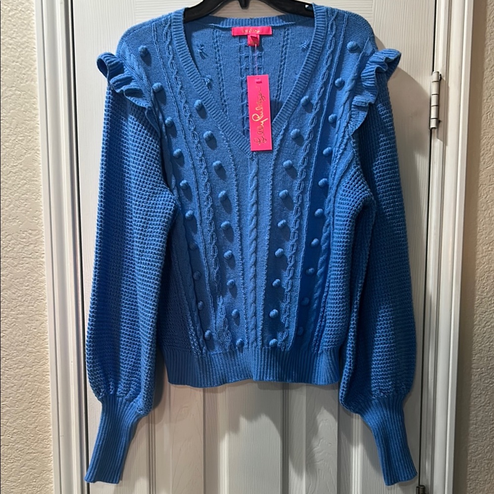 Lilly Pulitzer Blue V-Neck Sweater with Ruffle Accents